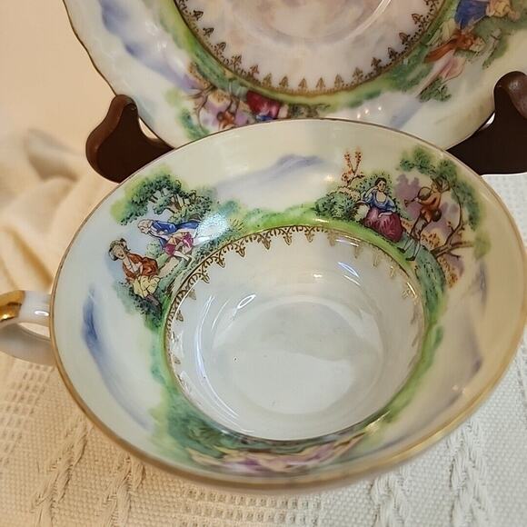 VTG Del Mar Japan Lustreware  Cup and Saucer Footed 24K Gold Trim Pastoral scene - Picture 2 of 14
